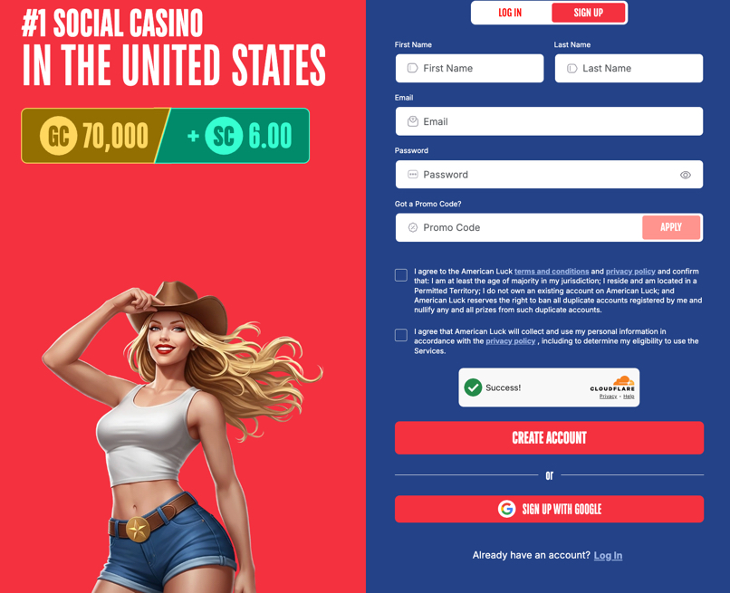 American Luck Casino sign-up form used to create a new player account.