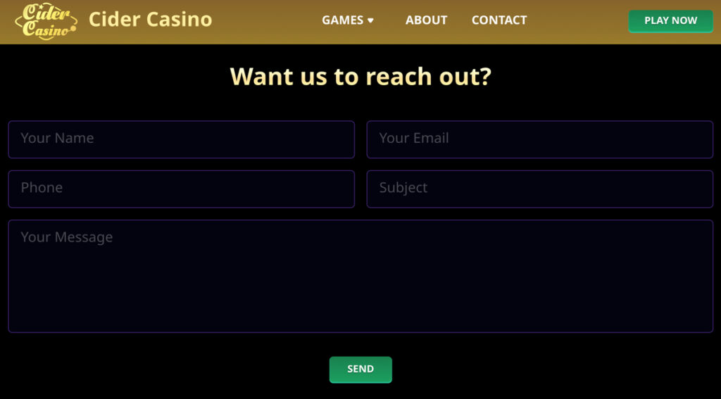 Contact form for reaching Cider Casino customer support