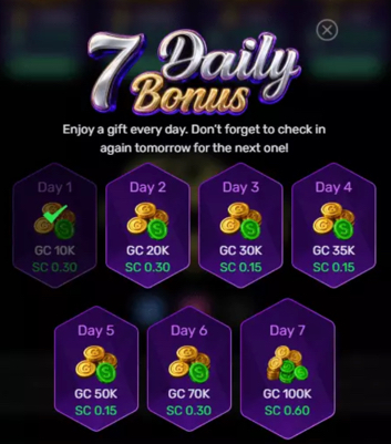 Cider Casino daily login bonus calendar