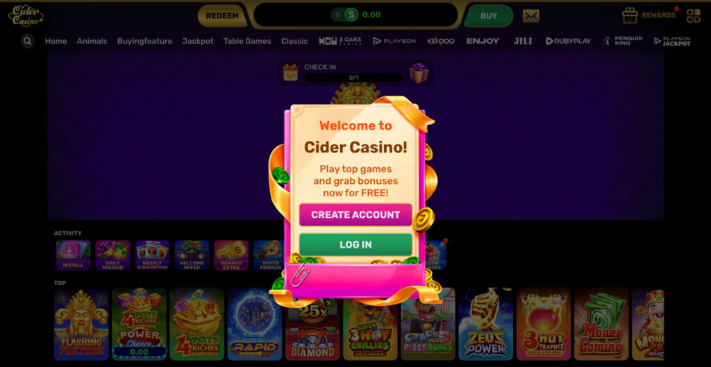 Cider Casino desktop lobby showing game library and create account pop-up