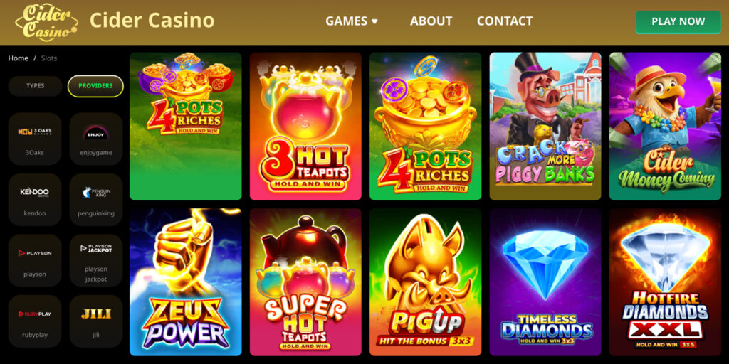 Cider Casino lobby showing featured slots and game providers