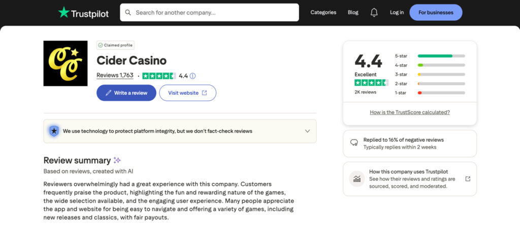 Trustpilot reviews page for Cider Casino showing player feedback and overall rating