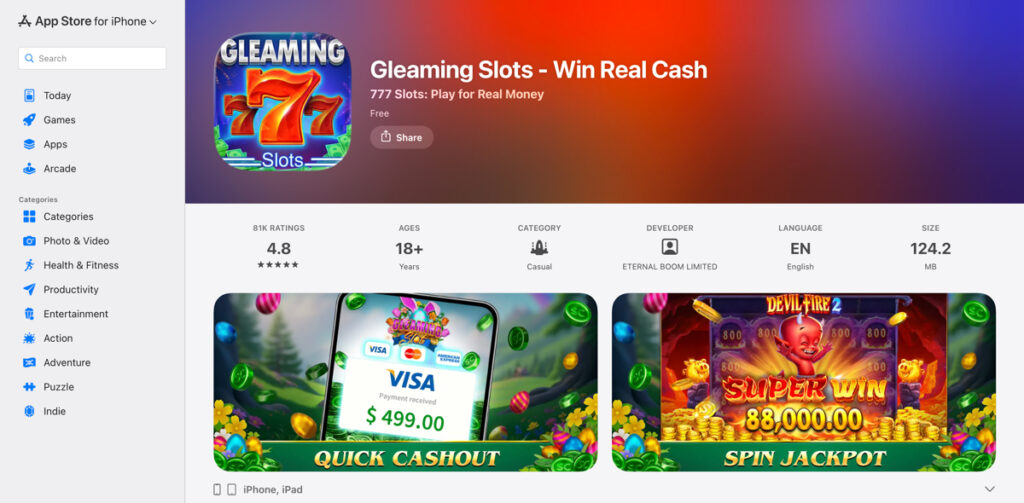 Apple App Store preview of the Gleaming Slots mobile casino app