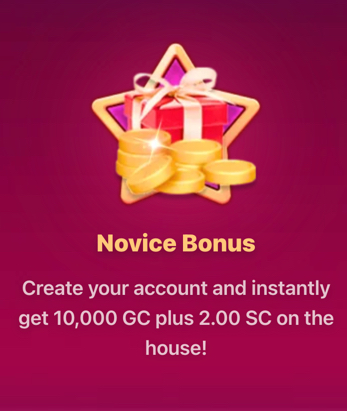 Gleaming Slots Novice Bonus sign-up offer with free Gold Coins and Sweeps Coins
