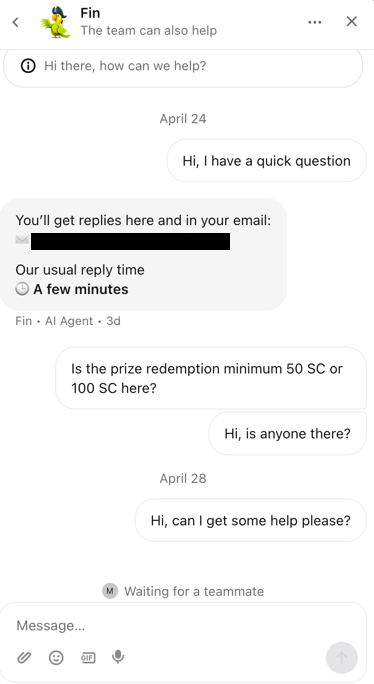 Gold Treasure Casino live chat window with AI agent Fin and no response from support team