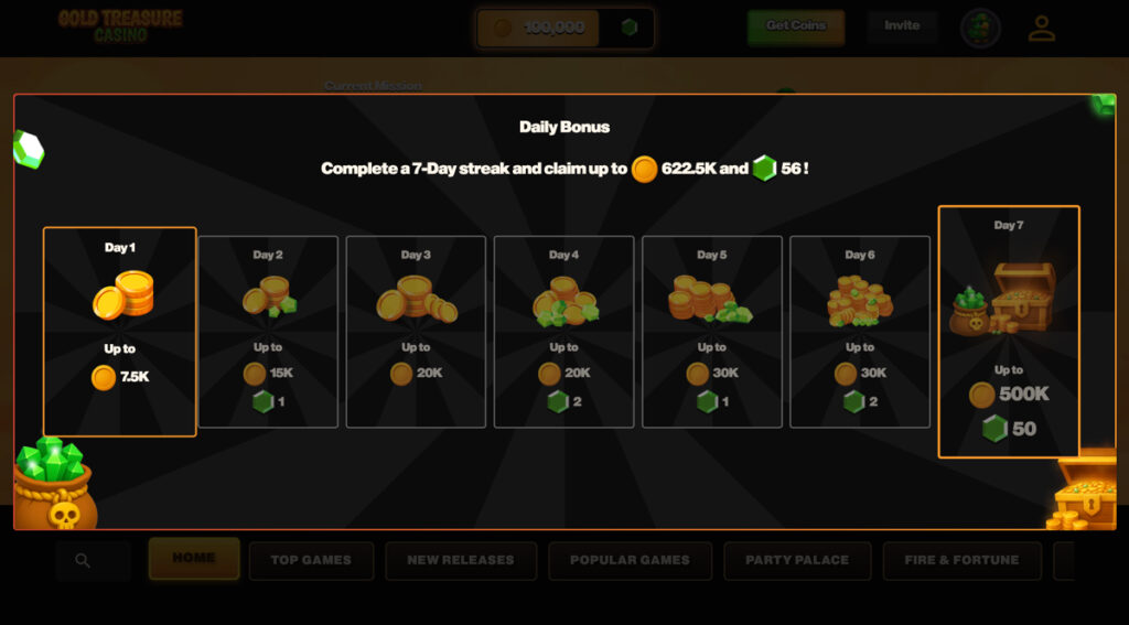 Gold Treasure Casino 7-day login bonus map offering up to 56 SC free