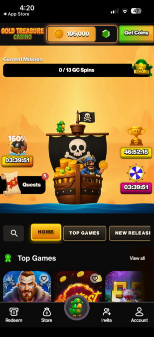 Gold Treasure Casino mobile app lobby showing games and promotions