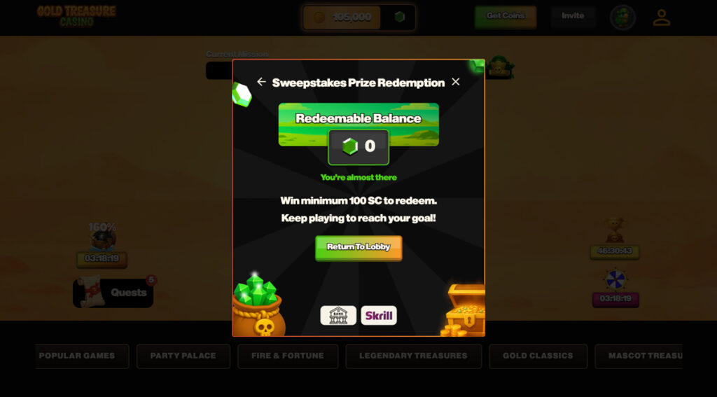 Gold Treasure Casino redemption page showing balance and minimum to redeem