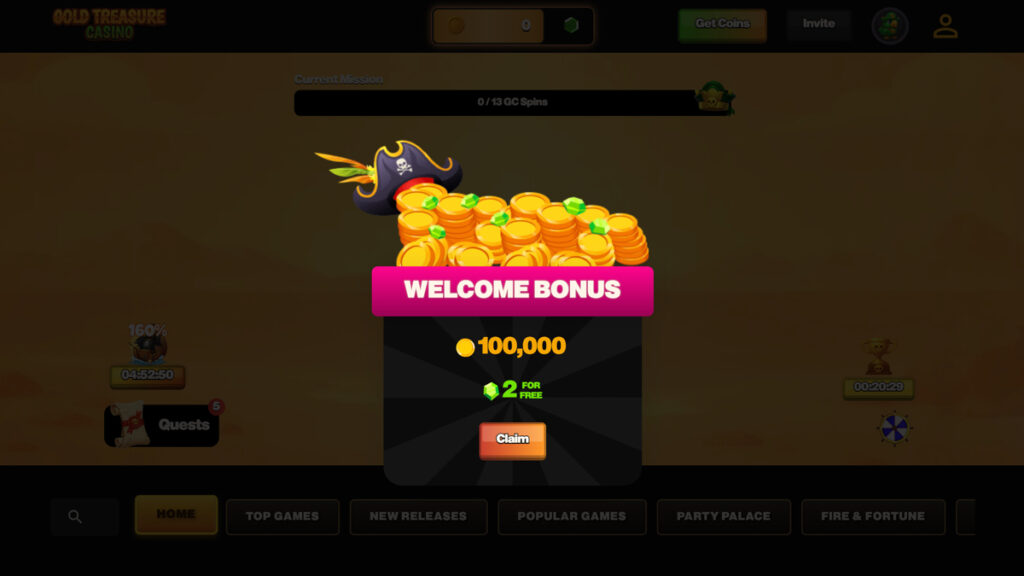 Gold Treasure Casino welcome bonus pop-up offering 100K Gold Coins and 2 Sweeps Coins