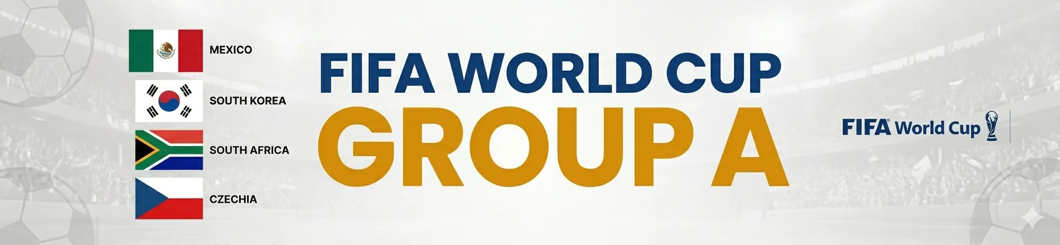 Wordpress banner showing the teams in world cup 2026 group A. These are Mexico, South Korea, South Africa and Czechia