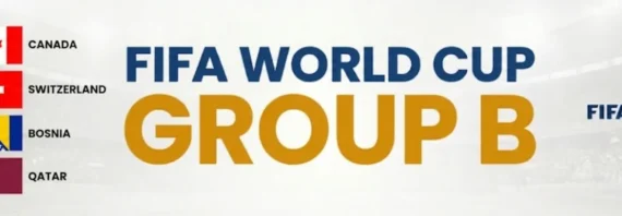 A horizontal FIFA World Cup Group B banner featuring a white stadium background with a faint soccer ball pattern. On the left side, the flags of Canada, Switzerland, Bosnia and Herzegovina, and Qatar are stacked vertically next to their respective country names. The center of the image displays 