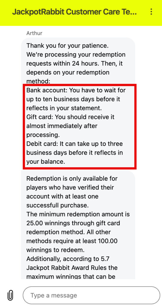 JackpotRabbit customer support message explaining expected payout times by redemption method