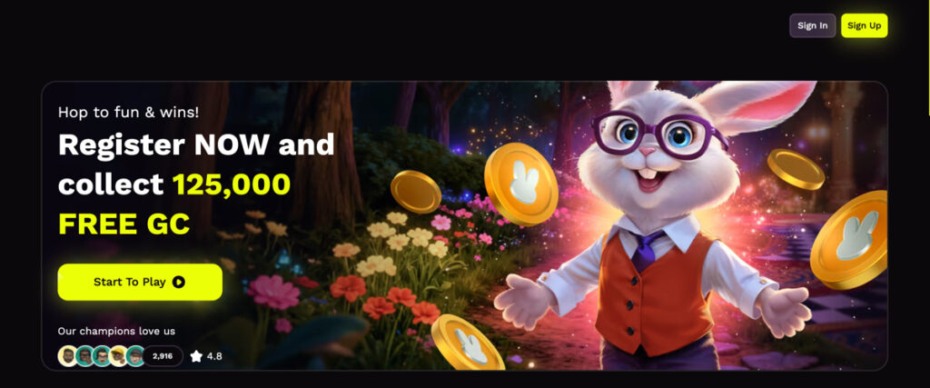 JackpotRabbit website showing 125,000 free GC offered after registration