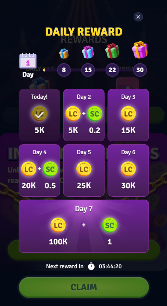 Lunaland Casino daily reward with increasing login streak bonuses