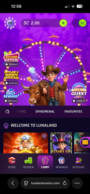 Lunaland Casino mobile website showing bottom navigation and game lobby