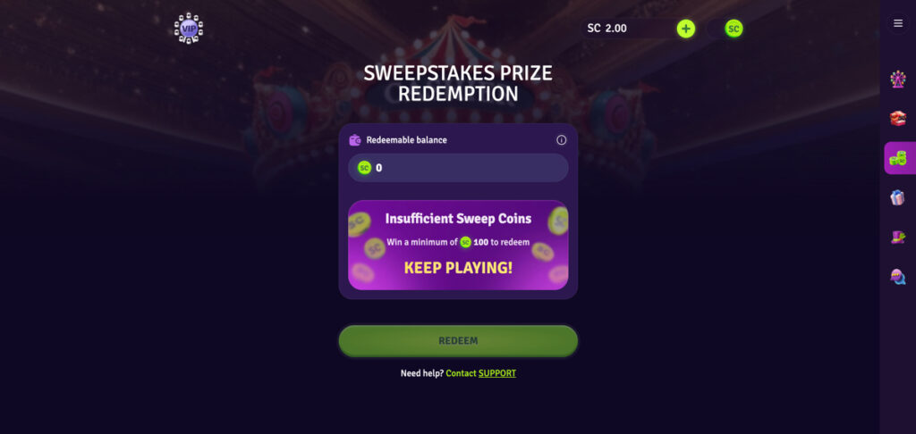 Lunaland Casino redeem page showing Sweeps Coins balance