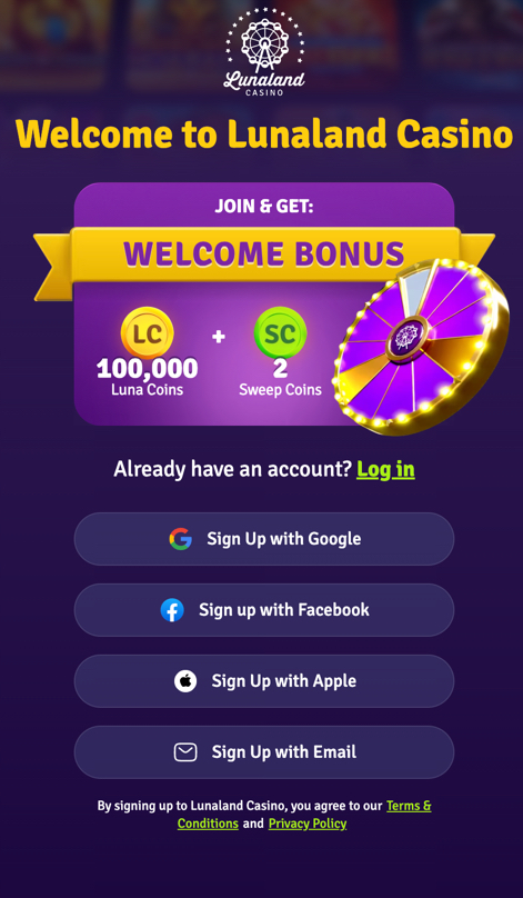 Lunaland Casino registration page showing sign up form with email and social login options