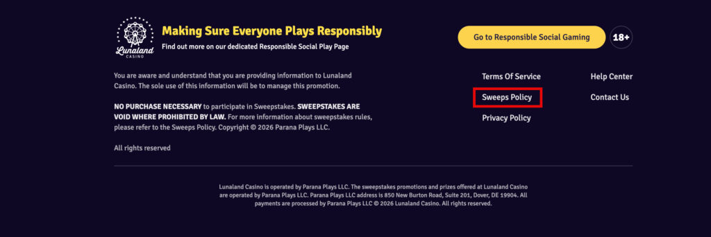 Lunaland Casino Sweeps Policy link on website