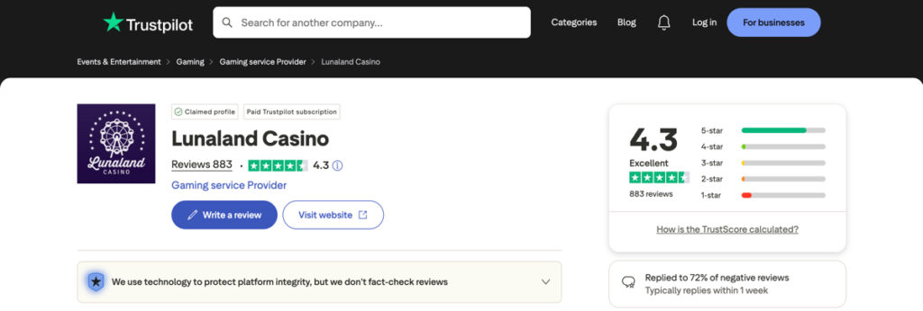 Lunaland Casino Trustpilot reviews page used to check player feedback and ratings