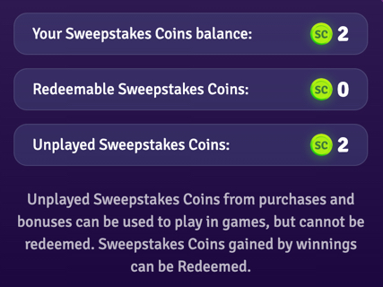 Lunaland Casino balance showing unplayed and redeemable Sweeps Coins
