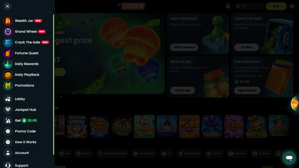 Mr. Goodwin Casino desktop website showing sidebar navigation menu on left side