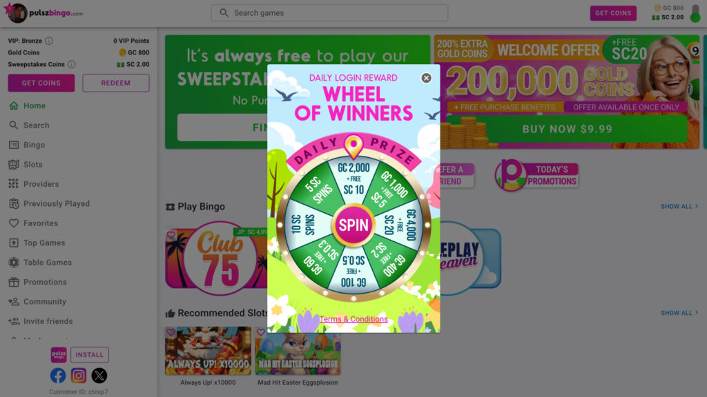 Daily login reward wheel on Pulsz Bingo