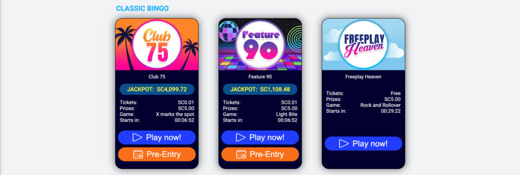 Pulsz Bingo lobby showing Club 75, Feature 90, and Freeplay Heaven rooms