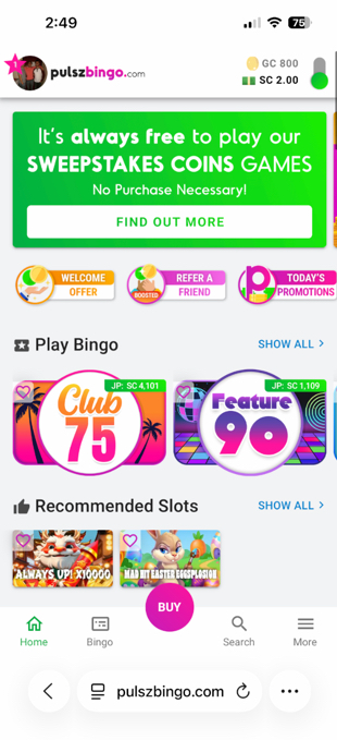 Pulsz Bingo mobile website showing bottom navigation menu