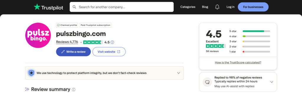 Pulsz Bingo reviews on Trustpilot with overall score and recent feedback