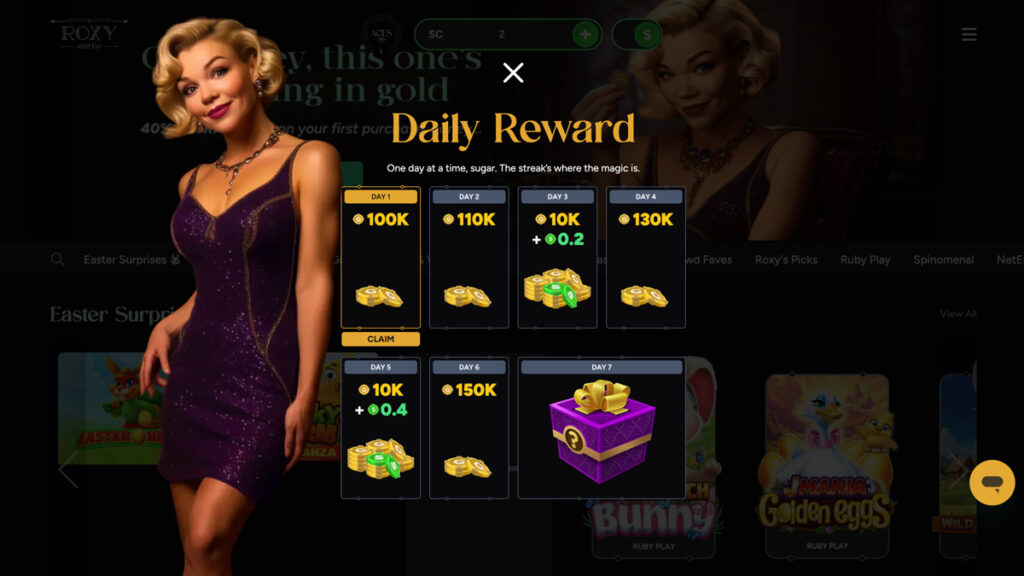 Roxy Moxy Casino daily login rewards showing the 7-day bonus streak