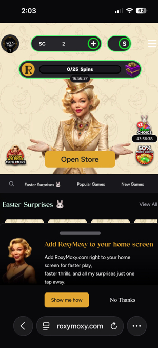 Roxy Moxy Casino mobile website showing pop-up to add the site to the home screen
