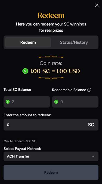 Roxy Moxy Casino redemption screen with ACH bank transfer and prepaid card options