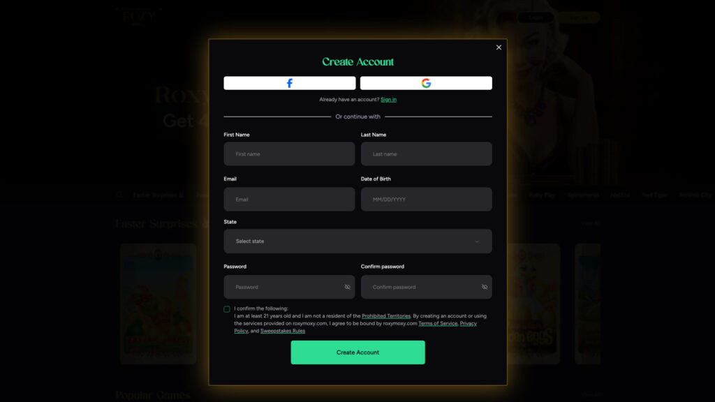 Roxy Moxy Casino sign-up page with registration form for creating a new account
