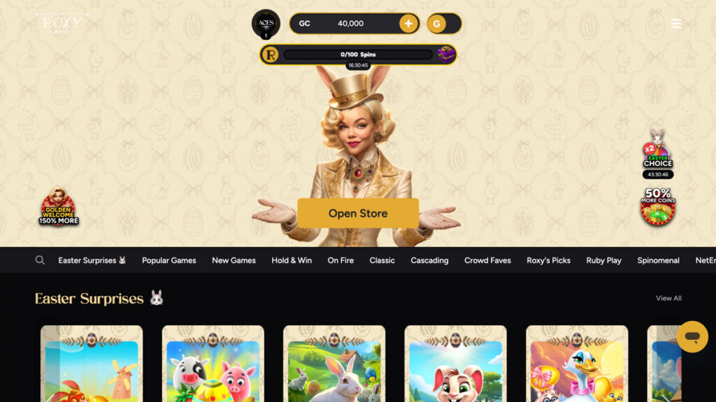 Roxy Moxy Casino desktop website showing the main lobby
