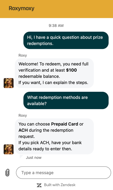 Roxy Moxy Casino live chat showing conversation with AI assistant Roxy