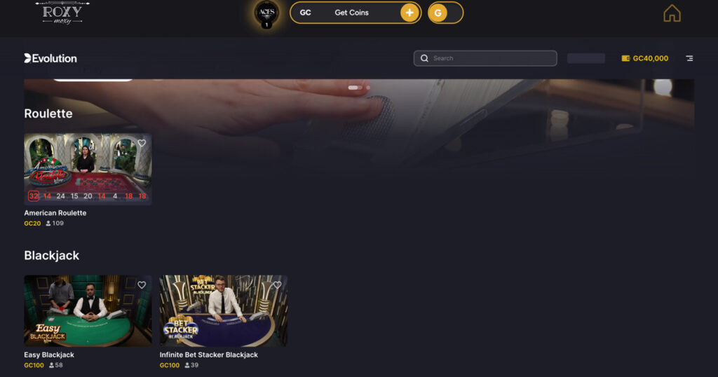 Roxy Moxy Casino live dealer games lobby powered by Evolution