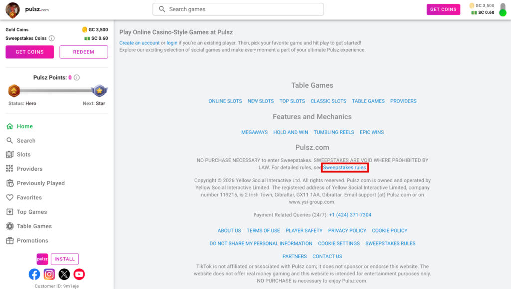 Example of sweepstakes rules section on the Pulsz social casino website