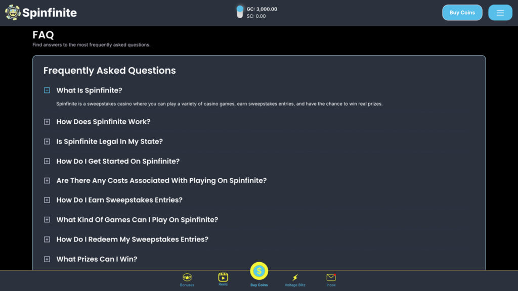 Spinfinite FAQ section showing common questions about the sweepstakes casino and how it works