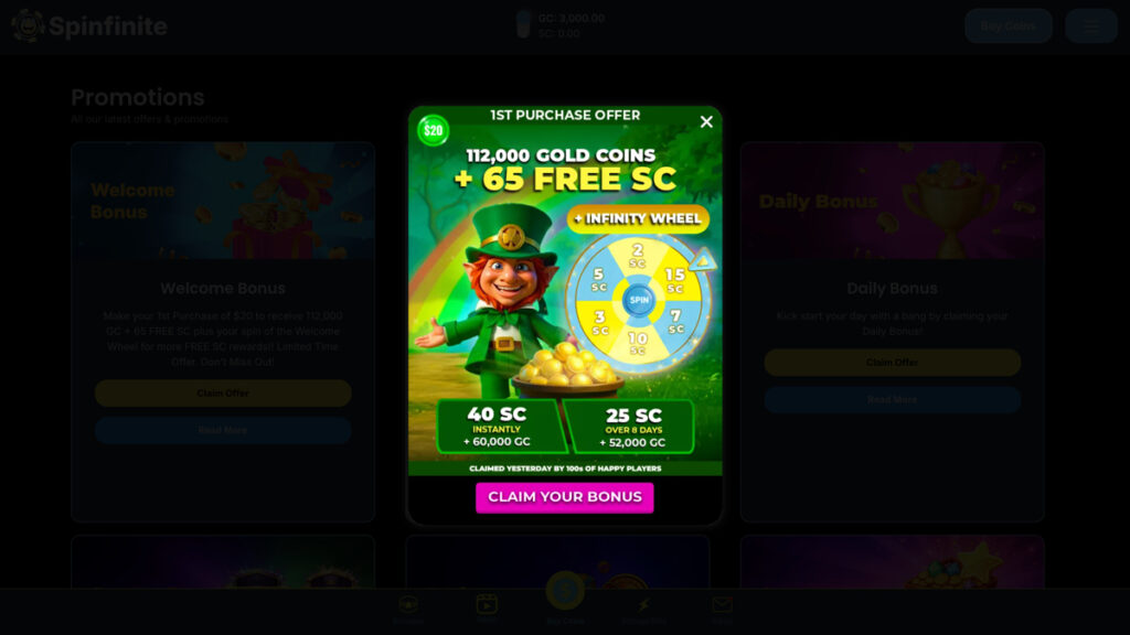 Spinfinite social casino first-purchase bonus for new players