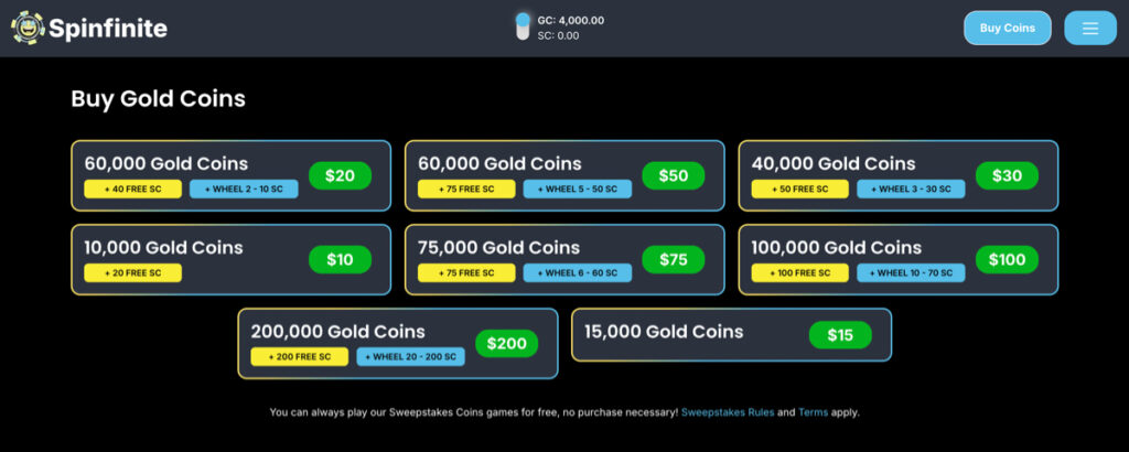 Spinfinite Gold Coin package options