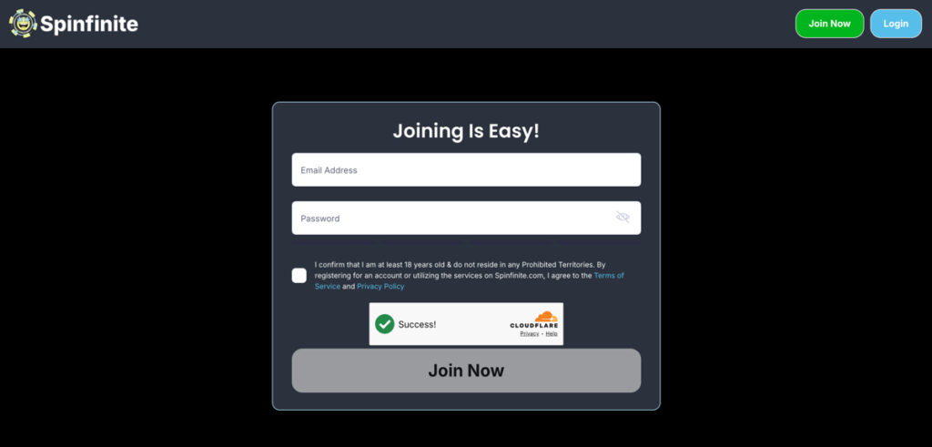 Spinfinite casino sign-up page showing email and password registration form