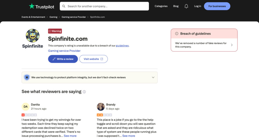 Spinfinite Trustpilot reviews page showing rating warning and player feedback