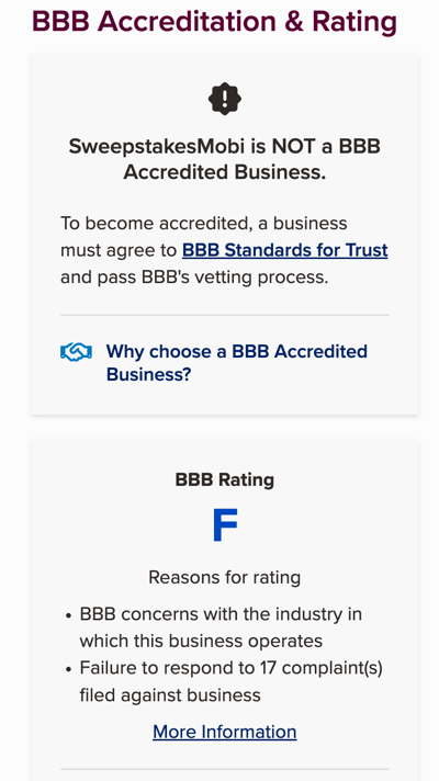Better Business Bureau page showing Sweepstakes Mobi with an F rating