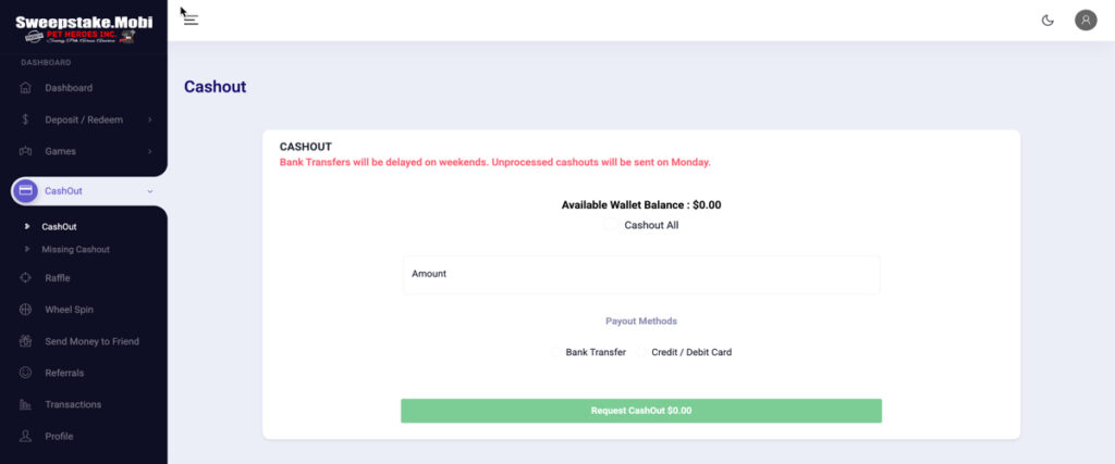 Sweepstakes Mobi wallet cash-out page showing redemption methods