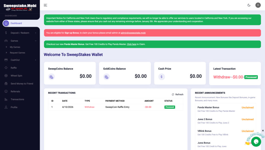 Sweepstakes Mobi desktop website dashboard showing wallet and navigation menu
