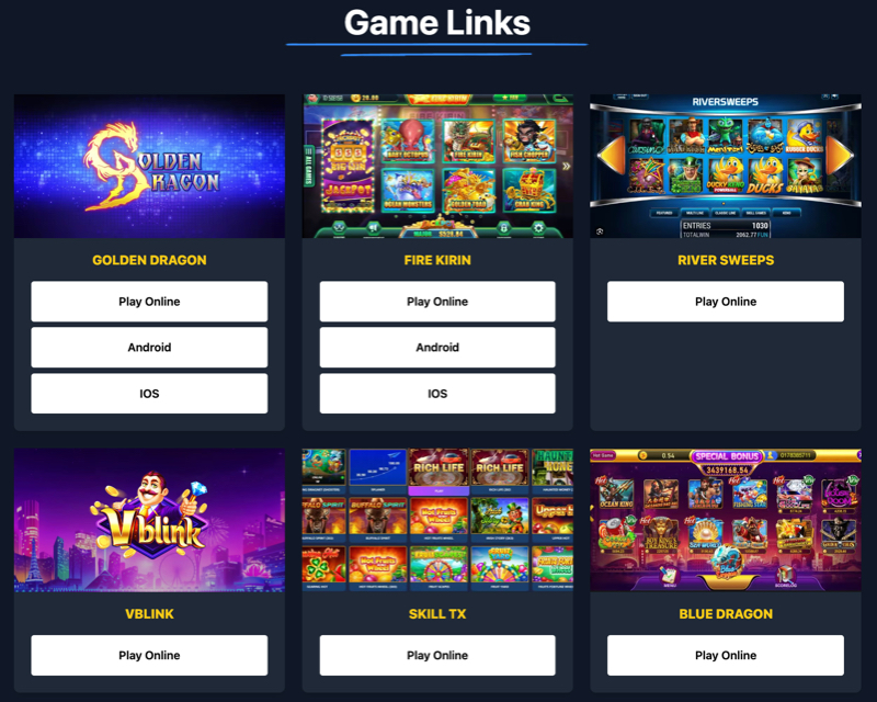 Sweepstakes Mobi &ldquo;Game Links&rdquo; page showing options to play online or download game apps