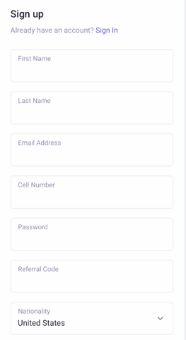 Sweepstakes Mobi registration form for creating a new account