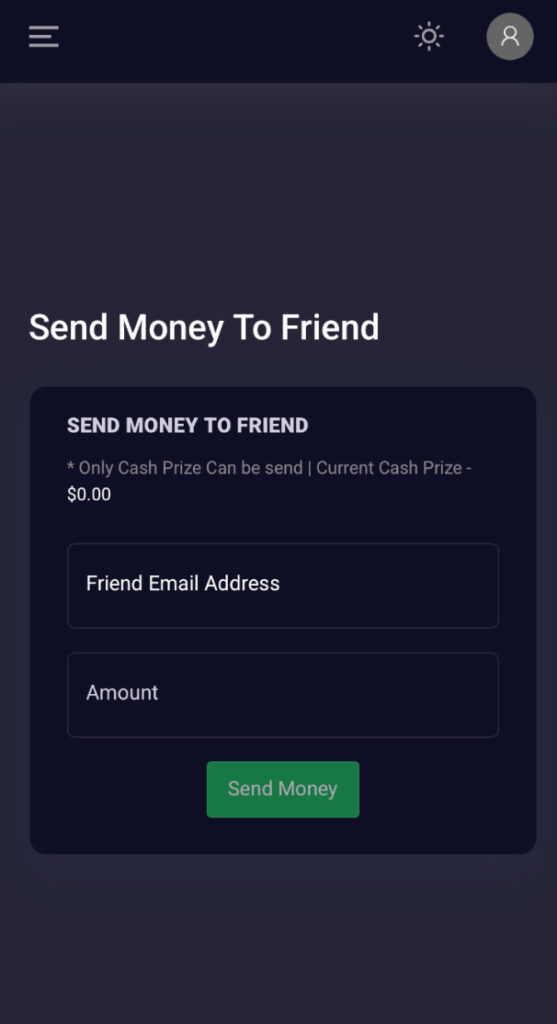 Sweepstakes Mobi &ldquo;Send Money to Friend&rdquo; feature for transferring winnings to another user