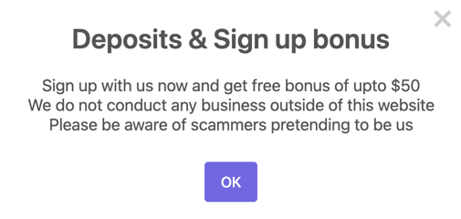Sweepstakes Mobi pop-up ad showing the free no-deposit bonus offer for new players