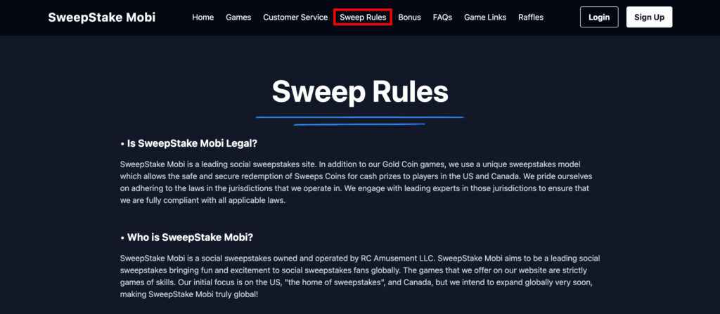 Sweepstakes Mobi sweeps rules page